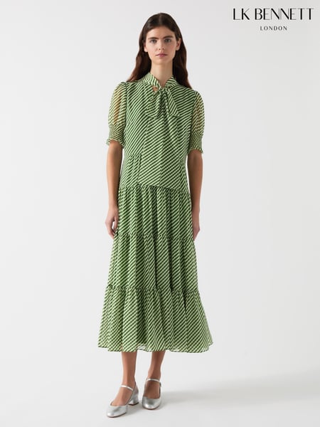 LK Bennett Green Petite Coco Treetop Birch Tie Neck Georgette Dress (F35486) | € 466