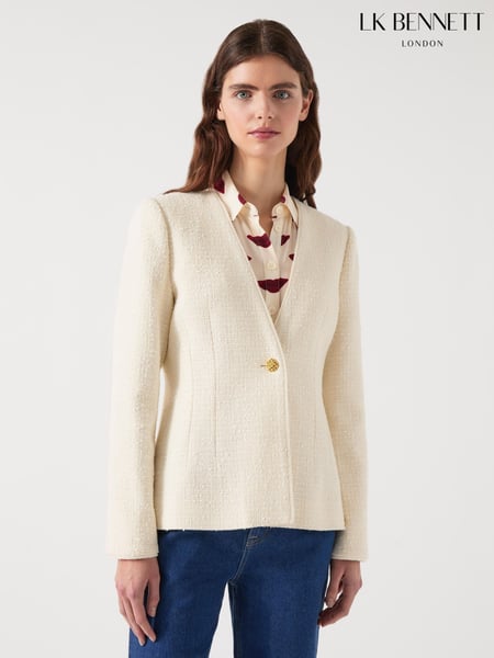 LK Bennett Cream Chloe Cotton Blend Tweed Single Breasted Jacket (F35499) | € 544