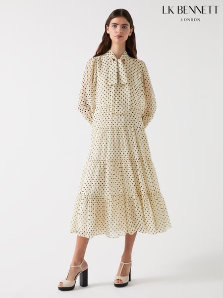 LK Bennett Cream Polly Birch Tie Neck Long Sleeve Georgette Dress (F36236) | € 466