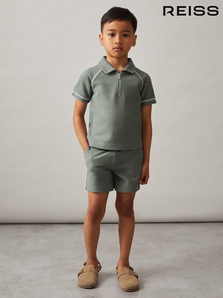 Reiss Sage Green Lolland Cotton Textured Half-Zip Polo Shirt (F37235) | € 50