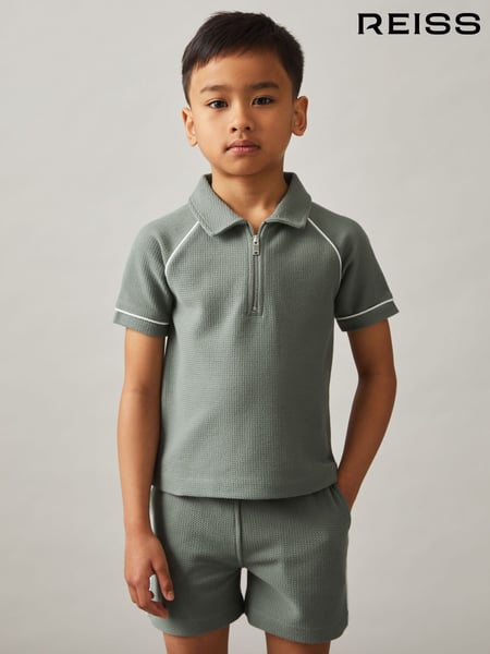 Reiss Sage Green Lolland Cotton Textured Half-Zip Polo Shirt (F37247) | € 44