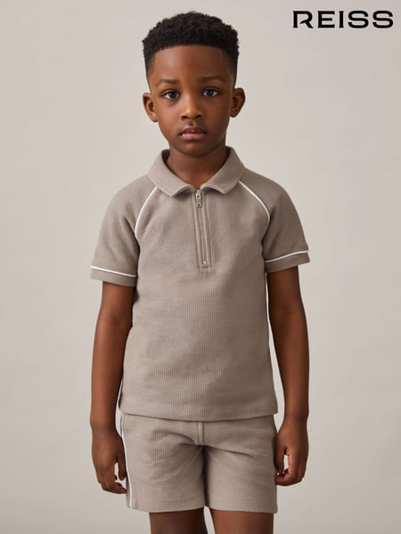 Reiss Mink Brown Lolland Cotton Textured Half-Zip Polo Shirt (F37249) | € 50