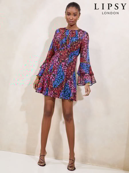 Lipsy Red Floral Fluted Ruffle Sleeve Keyhole Mini Dress (F38605) | € 92