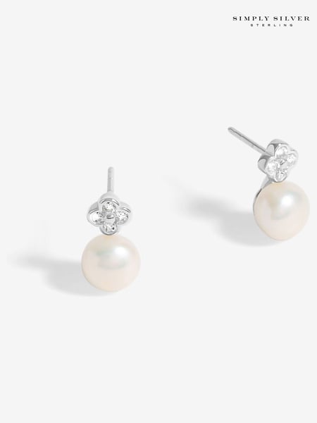 Simply Silver Silver Tone 925 Cubic Zirconia Clover and Pearl Drop Stud Earrings (F38754) | € 47