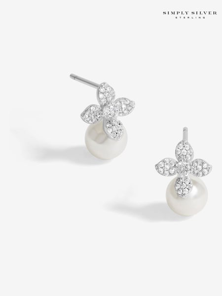 Simply Silver Silver Tone 925 Cubic Zirconia Flower and Pearl Drop Stud Earrings (F38767) | € 47