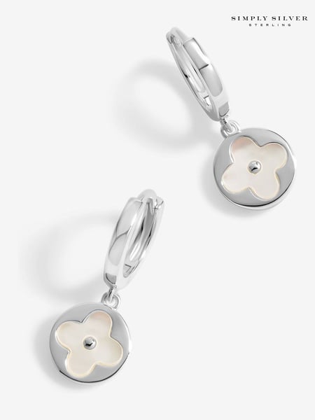 Simply Silver Silver Sterling 925 Mother Of Pearl Round Clover Charm Huggie Earrings (F38798) | € 62