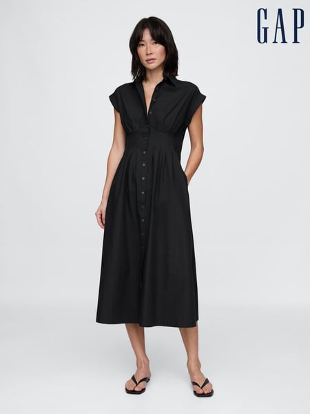 Gap Black 100% Cotton Poplin Button Front Midi Shirt Dress (F41707) | € 101