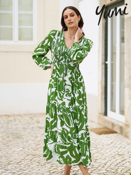 Yumi Green Abstract Print Ruched Midi Dress With Long Sleeves (F42400) | € 101