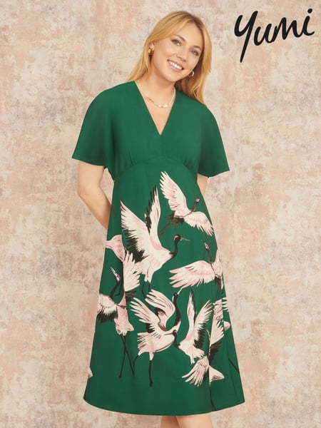 Yumi Green Fabric Crane Print Kimono Midi Dress (F42428) | € 101