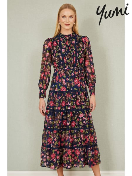 Yumi Blue Blossom Print Maxi Dress With Long Sleeves and Lace Trims (F42438) | € 133