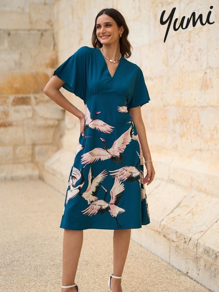 Yumi Blue Fabric Crane Print Kimono Midi Dress (F42442) | € 101