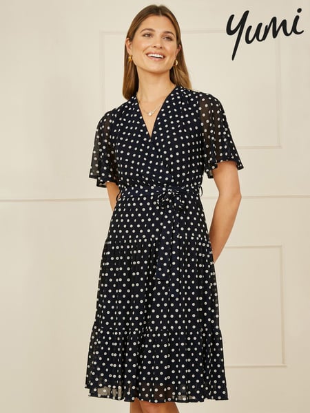 Yumi Blue Dot Print Mesh Stretch Midi Skater Dress (F42451) | € 78