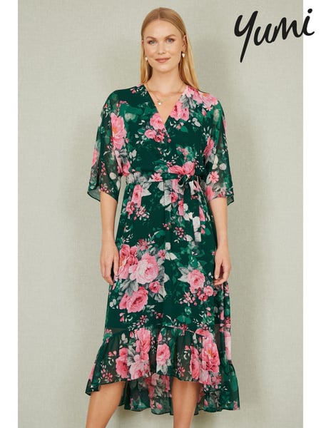 Yumi Green Kimono Sleeves Dip Hem Wrap Midi Dress (F42460) | € 94
