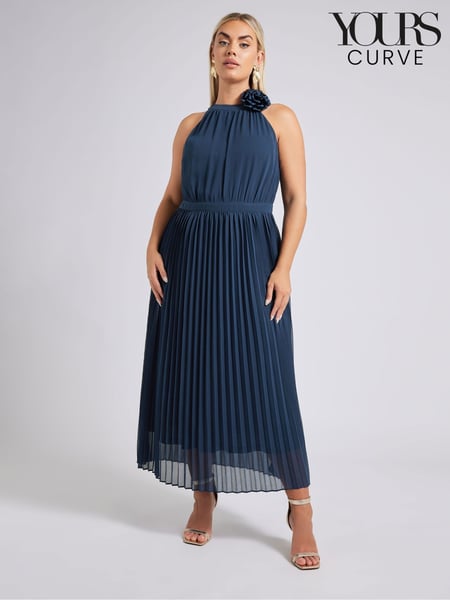 Yours Curve Blue London Pleated Choker Corsage Dress (F42772) | € 129