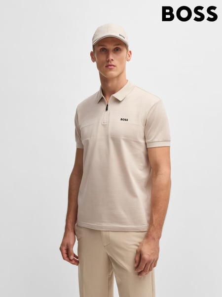 BOSS Beige Regular Fit Golf Philix Zip Neck 100% Cotton Polo Shirt (F44204) | € 186
