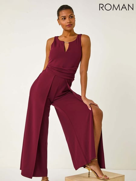 Roman Red Ruched Front Crossover Jumpsuit (F45301) | € 101