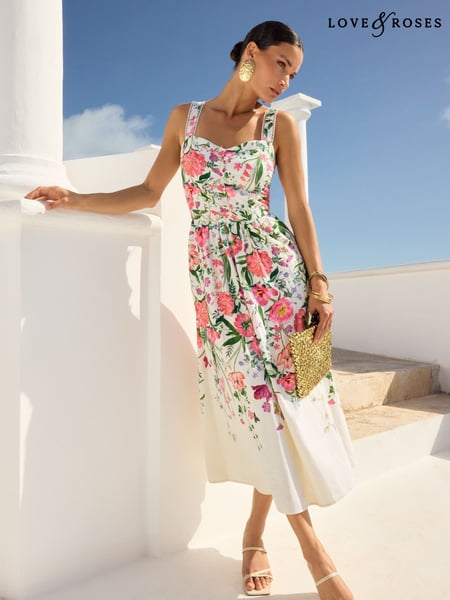 V&A I Love & Roses Ivory Floral Printed Cami Midi Dress With Linen (F45391) | € 117