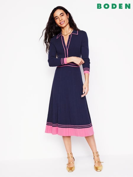 Boden Blue Collared Pleated Knitted Dress (F45900) | € 212