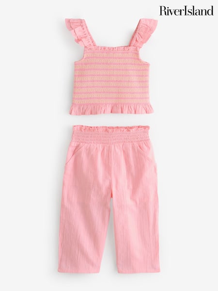 River Island Pink Girls Shirred Flutter Sleeve 100% Cotton Set (F46989) | € 37