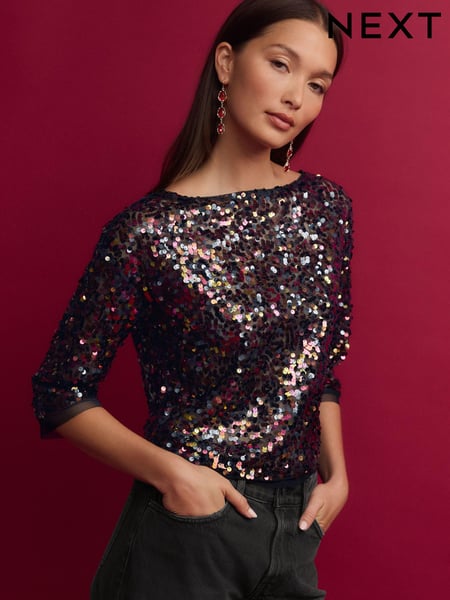 Black/Pink Sequin Quarter Sleeve Mesh Top (F47064) | € 18