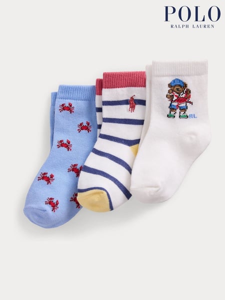 Polo Ralph Lauren White Ground Lauren Baby Polo Bear Crab Stripe Socks 3 Pack (F47150) | € 19