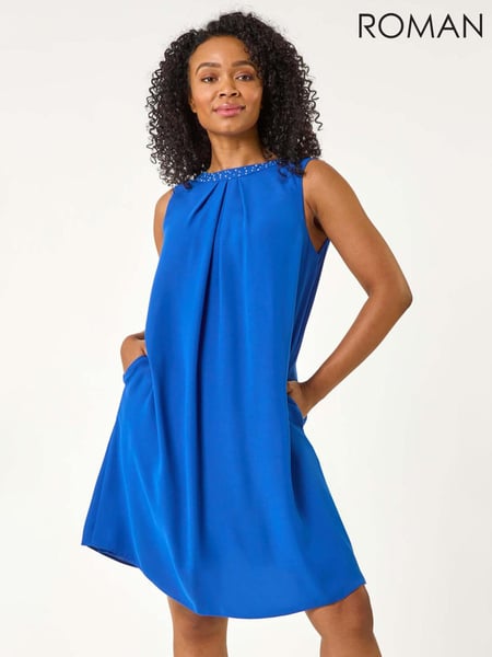 Roman Blue Hotfix Trim Detail Gathered Dress (F48070) | € 101