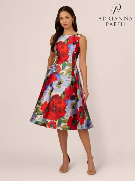 Adrianna Papell Red Floral Mikado Midi Dress (F48204) | € 279