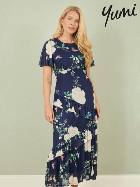 Yumi Blue Mesh Bird And Floral Print Midi Dress With Ruffles (F48251) | € 109