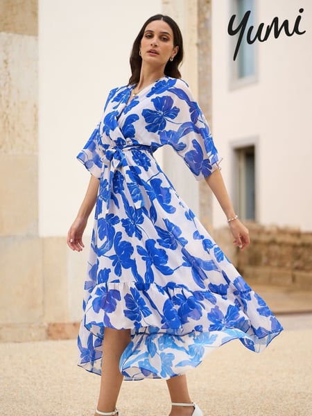 Yumi Light Blue Kimono Sleeves Midi Dip Hem Wrap Midi Dress (F48257) | € 94
