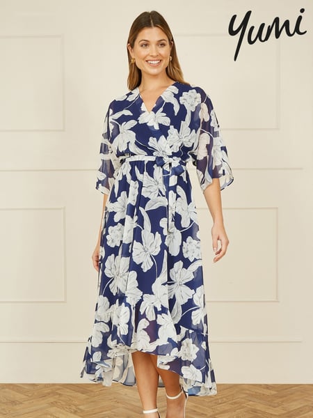 Yumi Blue Mesh Bird And Floral Print Midi Dress With Ruffles (F48258) | € 94
