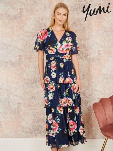 Yumi Blue Floral Mesh Tiered Maxi Dress (F48264) | € 125