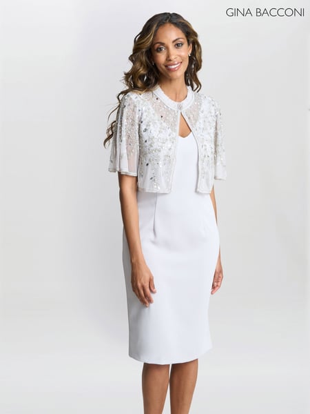 Gina Bacconi Silver Monica Beaded Jacket With Stand Frill Neck And Butterfly Sleeve (F48799) | € 437