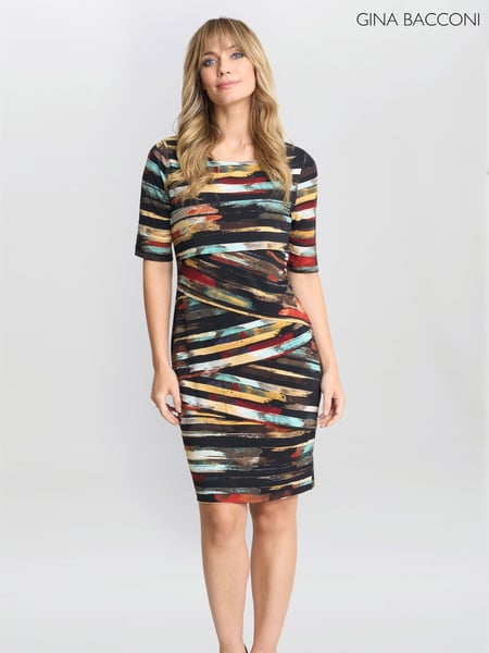 Gina Bacconi Rene Stripe Print Layered Black Dress (F48805) | € 203