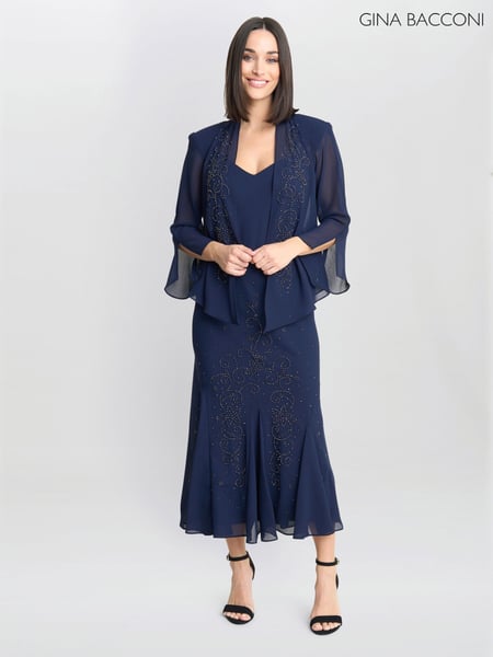 Gina Bacconi Blue Lorna Beaded Chiffon Dress And Jacket Set (F48806) | € 452