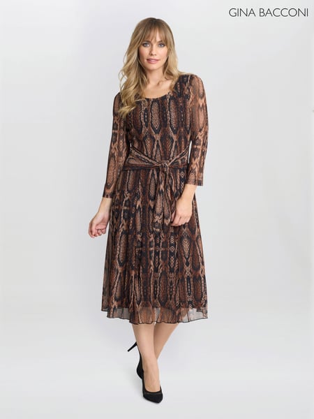 Gina Bacconi Anya Snake Print Long Sleeve Mesh Brown Dress (F48809) | € 203