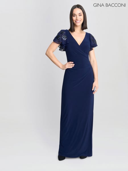 Gina Bacconi Blue Nicolette Jersey V-Neck Maxi Dress With Sequin Sleeve (F48814) | € 437
