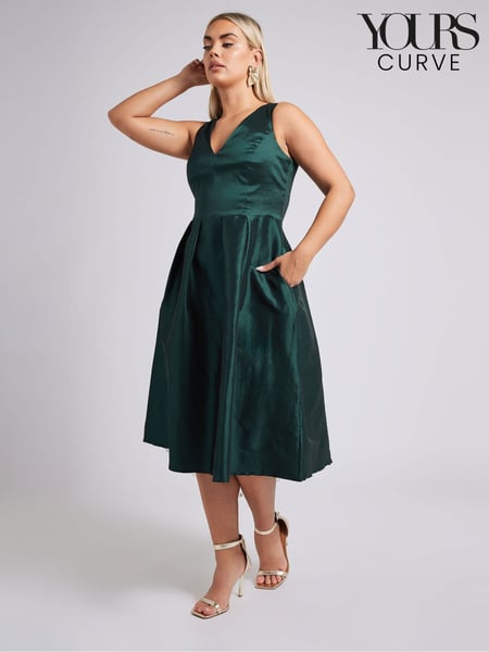 Yours Curve Green London V-Neck Pleated Dress With Pockets (F48830) | € 125