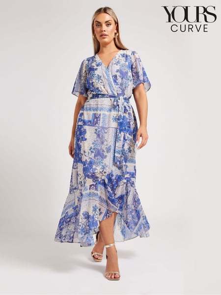 Yours Curve Blue London Scarf Print Wrap Ruffle Dress (F48841) | € 109