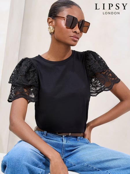 Lipsy Black Lace Angel Sleeve T-Shirt (F49061) | € 50
