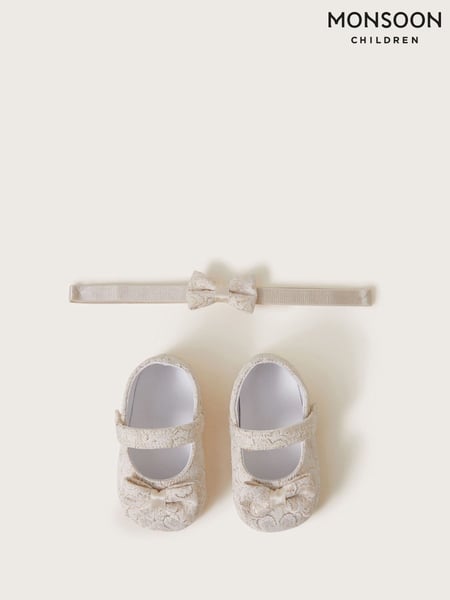 Monsoon Gold Baby Bow Jacquard Booties and Headband Set (F49115) | € 28