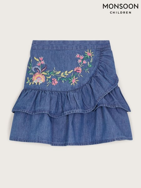 Monsoon Blue Chambray Embroidered Ruffle 100% Cotton Skirt (F49133) | € 37 - € 44