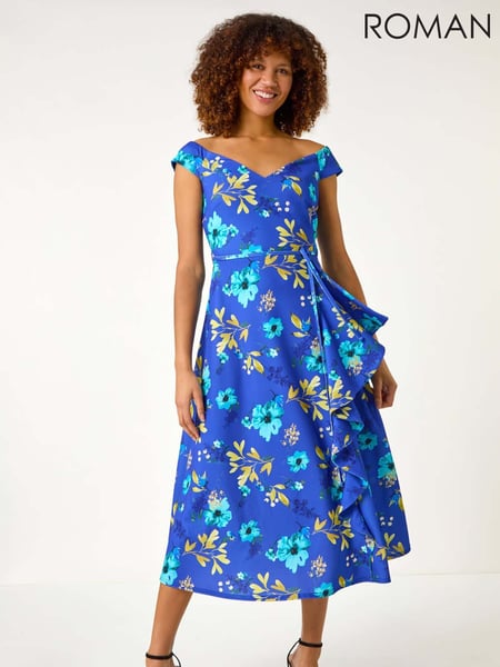 Roman Blue Floral Print Bardot Ruffle Dress (F49887) | € 101
