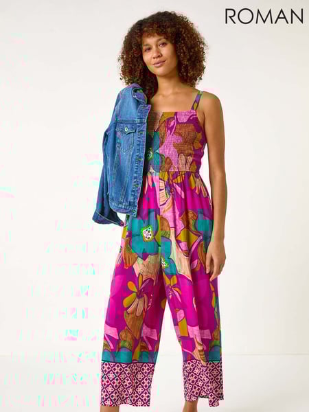 Roman Purple Floral Print Border Frill Jumpsuit (F49946) | € 70