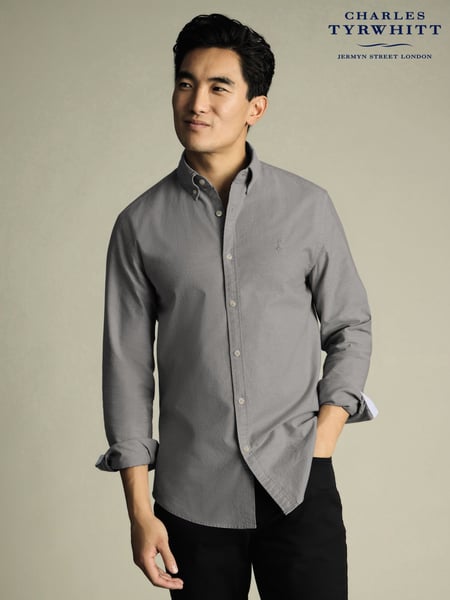 Charles Tyrwhitt Grey Extra Slim Fit Plain Button Down Stretch Washed 100% Cotton Oxford Shirt (F50734) | € 101