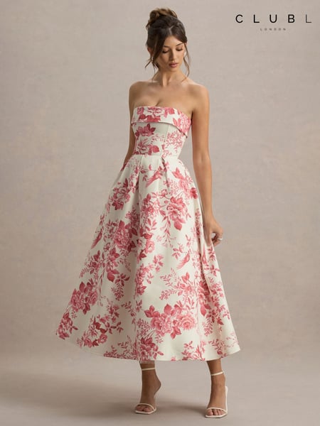 Club L London Pink Annalise Print Bandeau Skater Midi Dress (F52338) | € 211