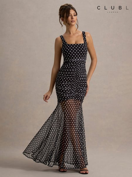 Club L London Black Galaxia Polka Dot Maxi Dress With Mesh Skirt (F52415) | € 117