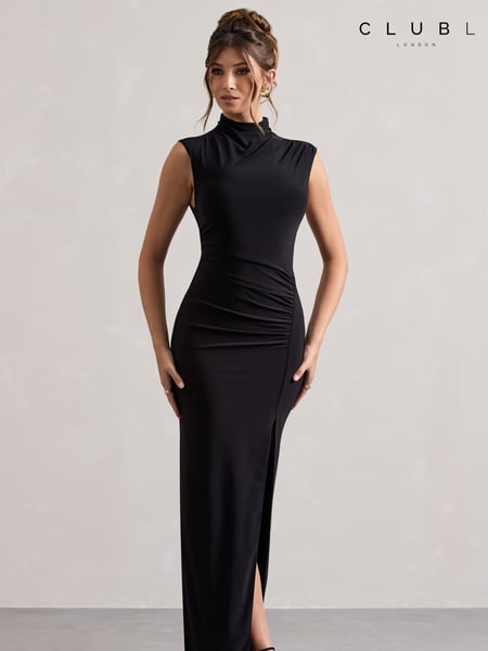 Club L London Black Lanetta Ruched High-Neck Maxi Dress With Split (F52416) | € 117