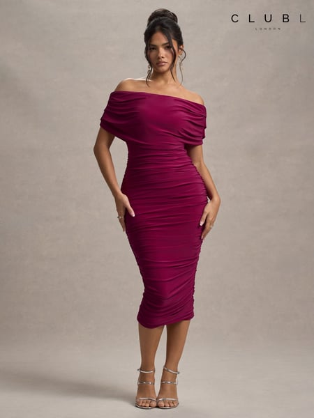 Club L London Red Rayleigh Bardot Ruched Midi Dress (F52417) | € 101