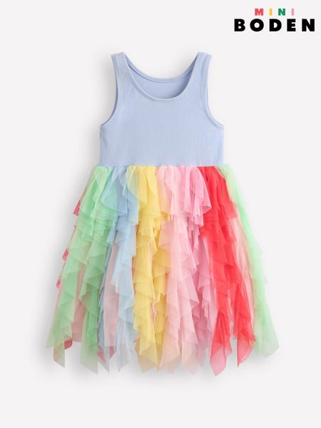 Boden Blue Rainbow Jersey Tulle Mix 100% Cotton Dress (F52670) | € 64 - € 73