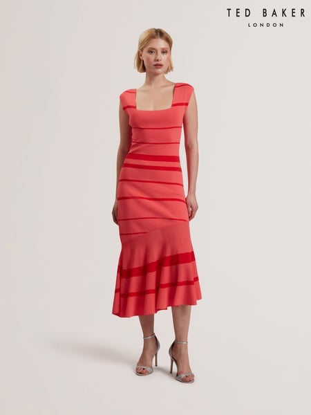 Ted Baker Orange Tilleea-Square Neck Stripe Knit Midi Dress (F53288) | € 232